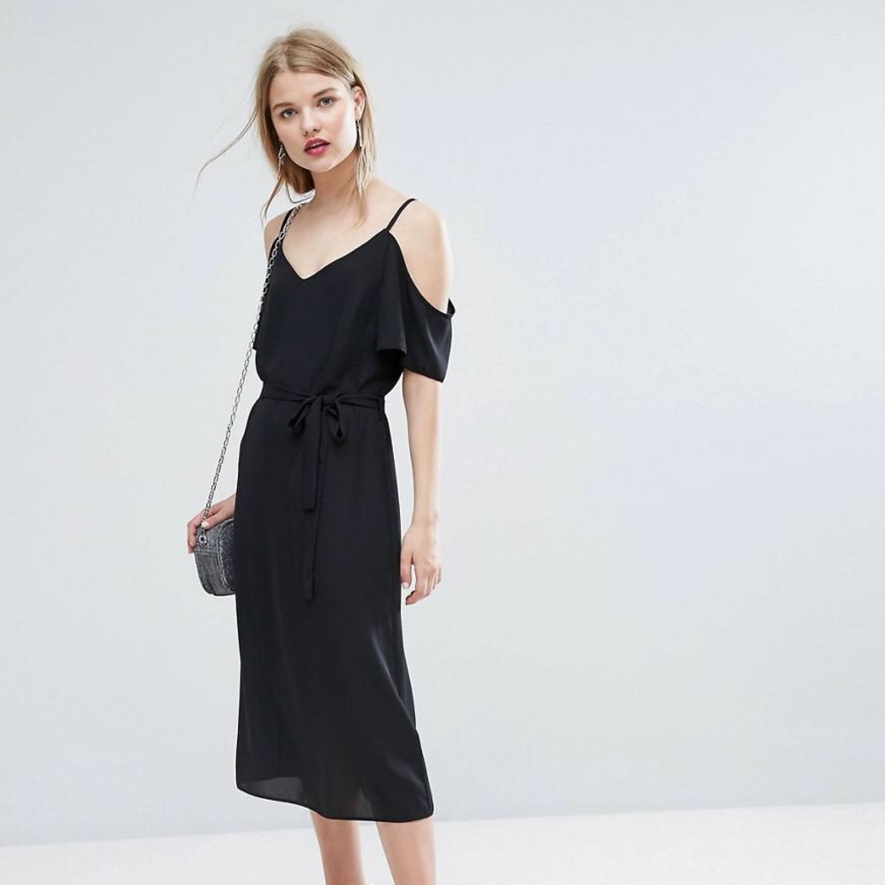 Tie Waist Cold Shoulder Midi Dress